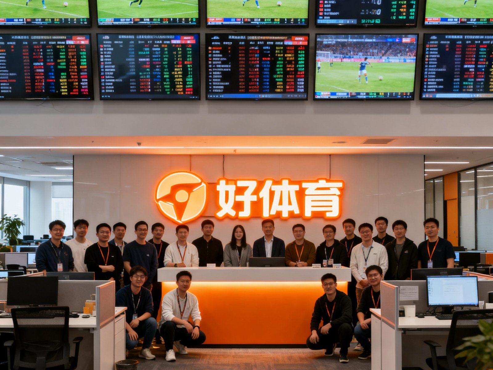 好体育北京总部办公室内，四十余名团队成员在开放式工位前合影，背景墙上挂着多块显示屏实时滚动着全球各大赛事的比分数据，橙色的品牌标识灯牌醒目地悬挂在前台后方。